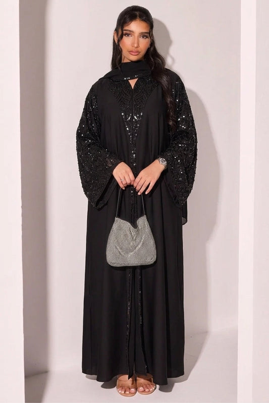 Noir Abaya mit Strass und Tuch